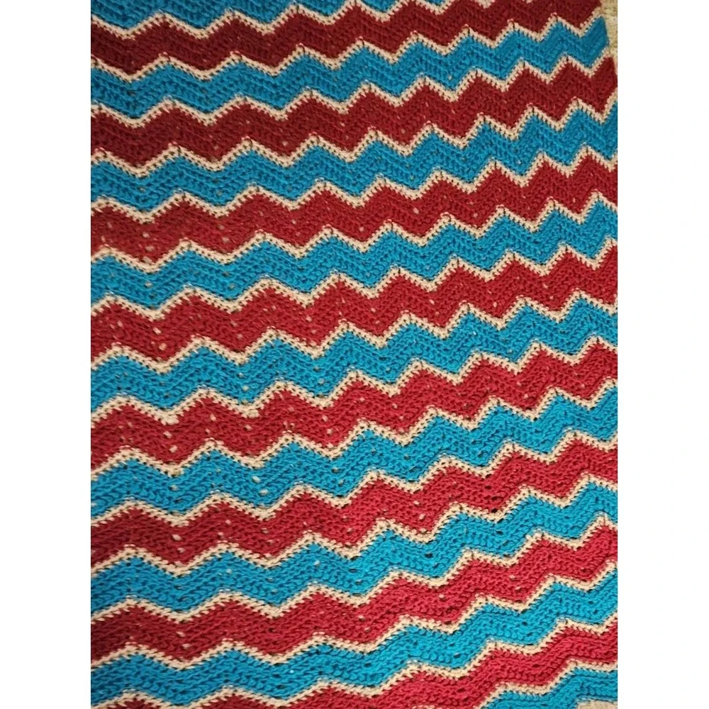 Vintage Handmade Afgan Crochet Chevron Blue Red Grandma Granny‎ Blanket 76